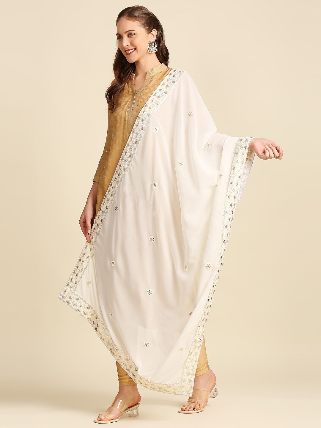 

Dupatta Bazaar Ethnic Motifs Embroidered Dupatta with Zardozi, Off white