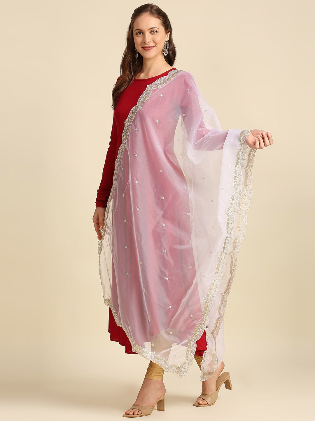 

Dupatta Bazaar Ethnic Motifs Embroidered Organza Dupatta with Sequinned, Off white