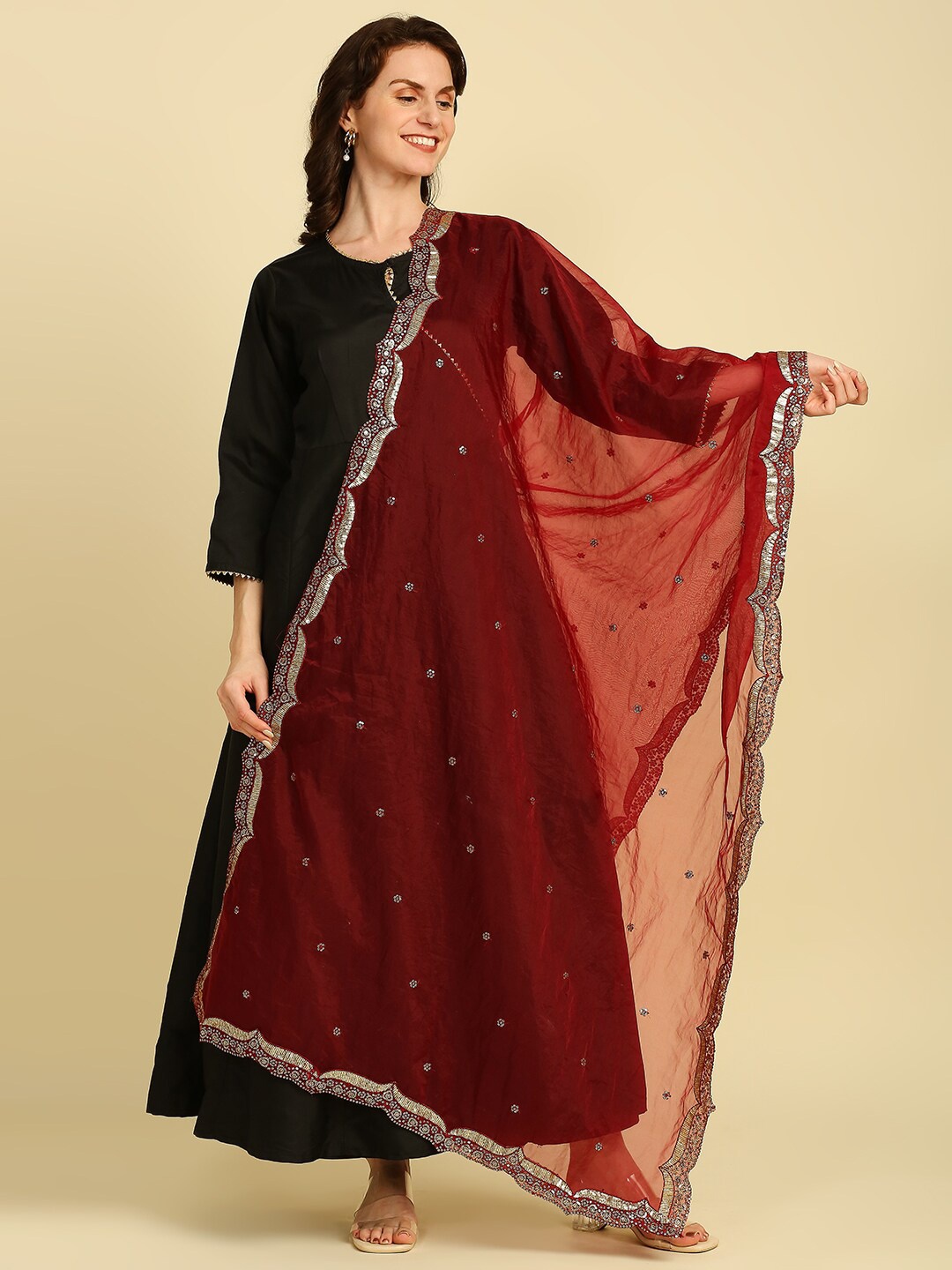 

Dupatta Bazaar Ethnic Motifs Embroidered Organza Dupatta with Sequinned, Maroon