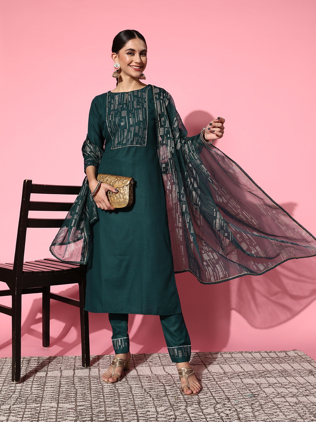 

SheWill Women Geometric Cotton Blend Print Mix Kurta Set, Teal