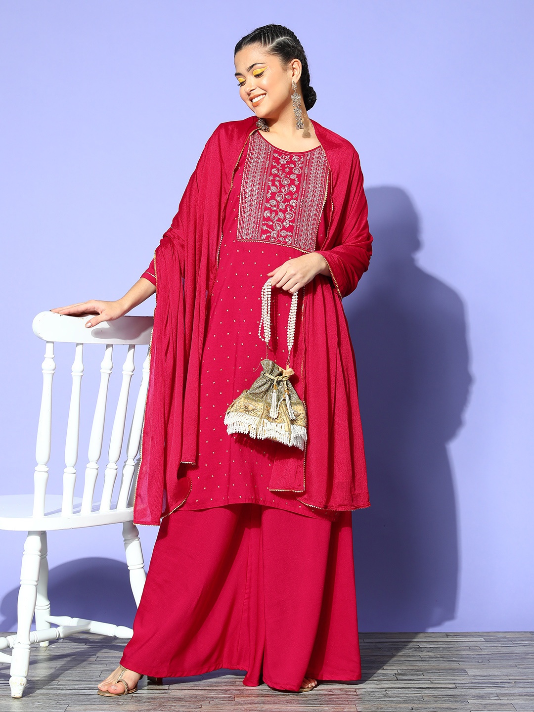 

SheWill Women Ethnic Motifs Satin Hyper Texture Kurta Set, Red