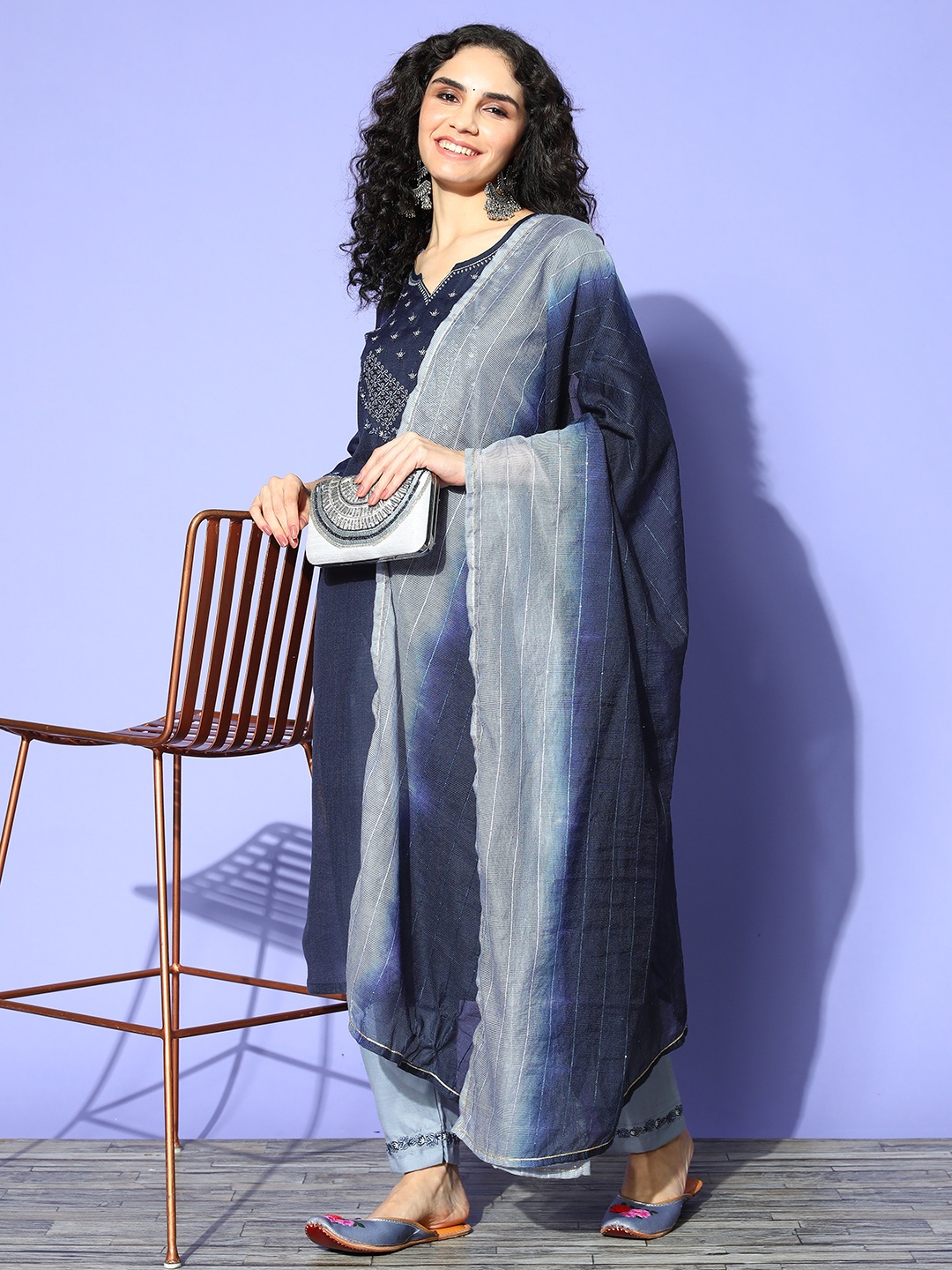 

SheWill Women Ethnic Motifs Cotton Blend Hyper Texture Kurta Set, Blue