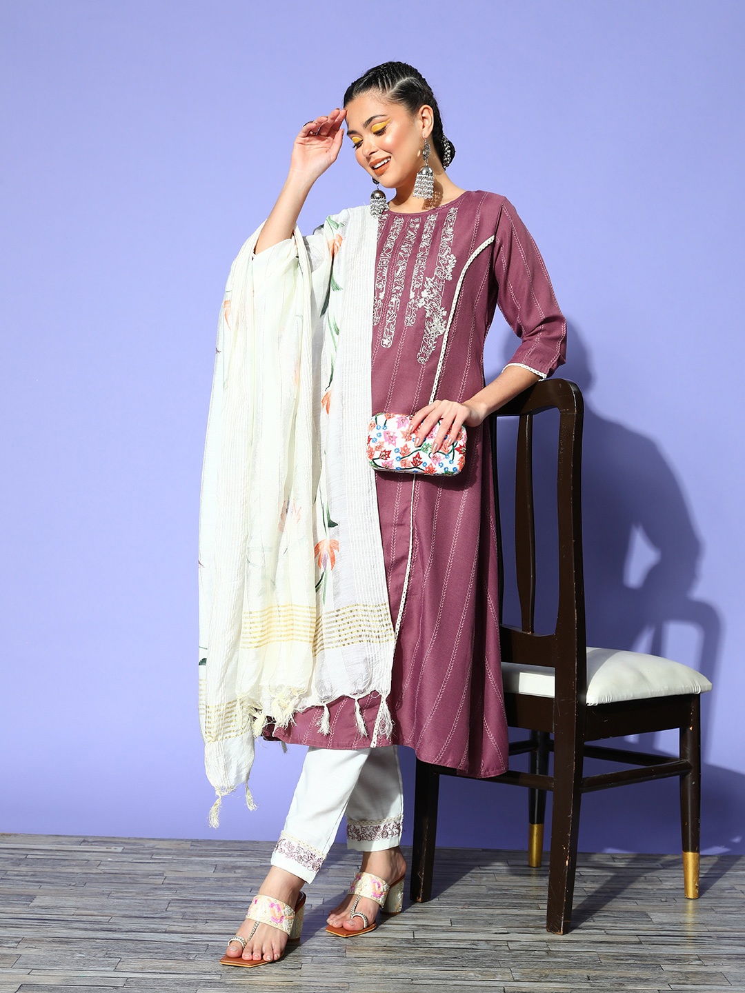 

SheWill Women Floral Silk Blend Hyper Texture Kurta Set, Purple