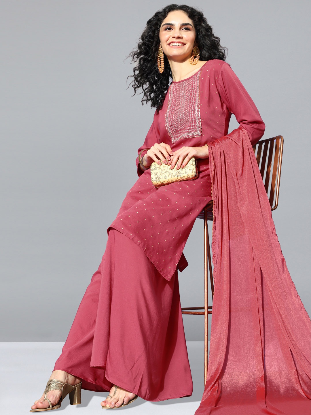 

SheWill Women Ethnic Motifs Satin Hyper Texture Kurta Set, Pink