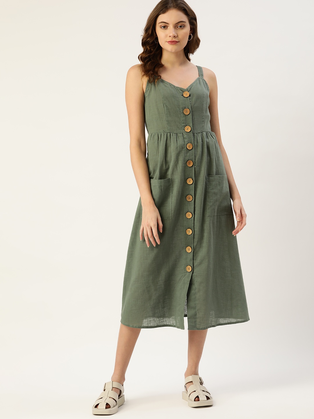 

DressBerry Olive Green Solid A-Line Midi Dress