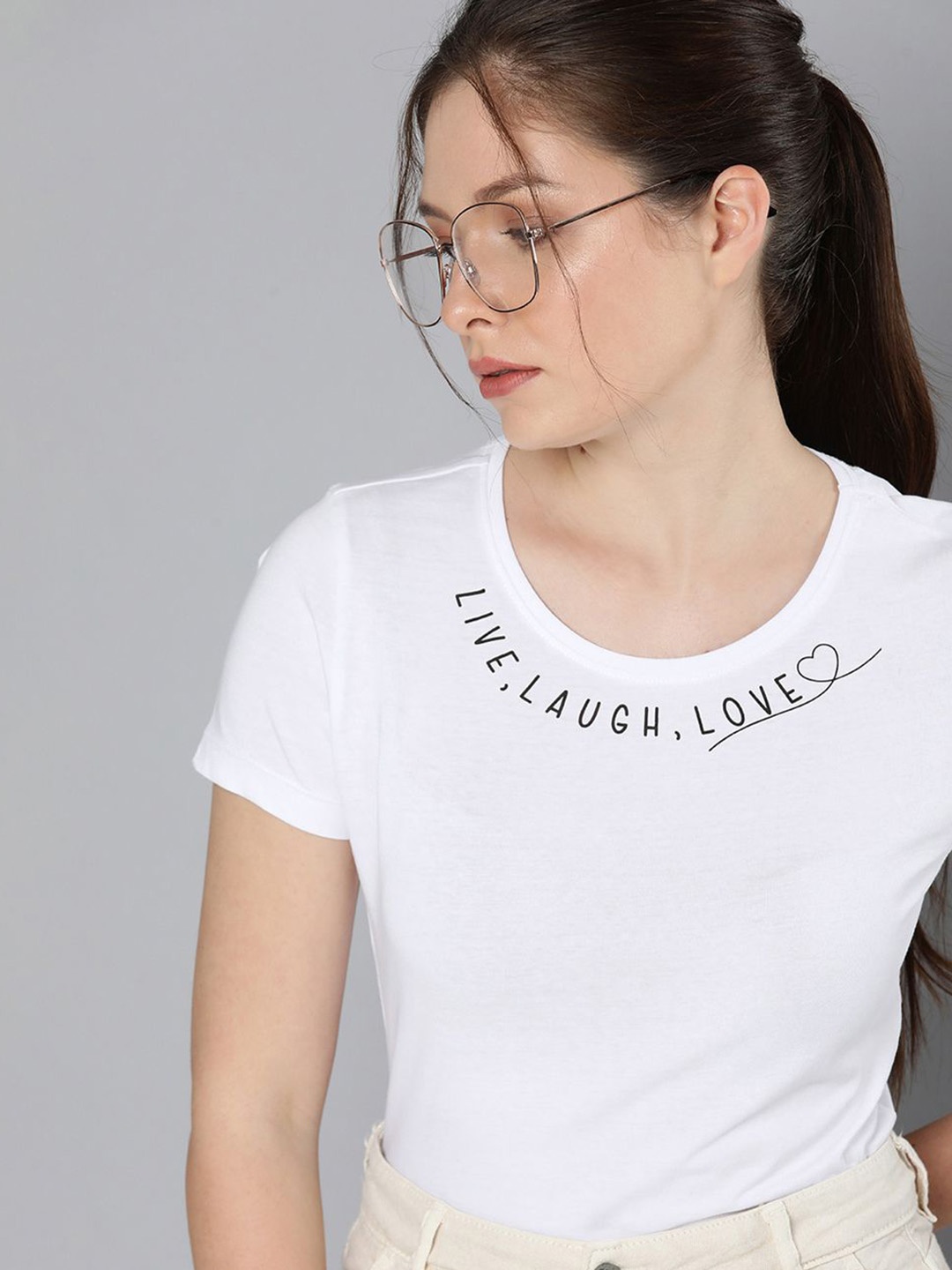 HERE&NOW Women White & Black Typography Printed Pure Cotton T-shirt