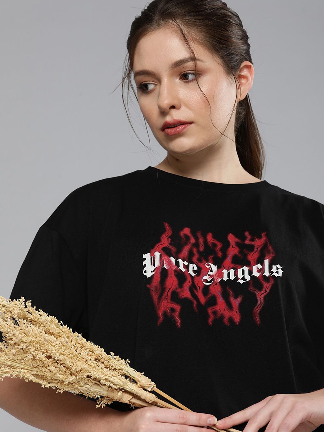 HERE&NOW Women Black & Red Typography Printed Pure Cotton T-shirt