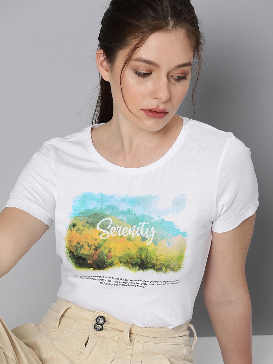 

HERE&NOW Women White & Blue Printed Pure Cotton T-shirt