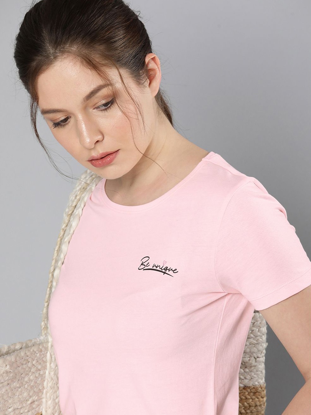 

HERE&NOW Women Pink Solid Pure Cotton T-shirt