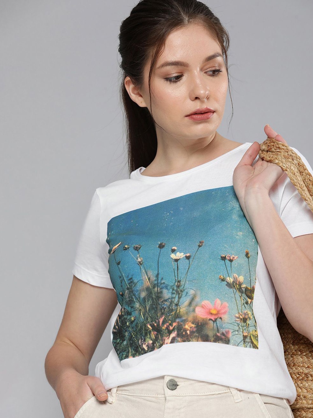 

HERE&NOW Women White Printed Pure Cotton T-shirt