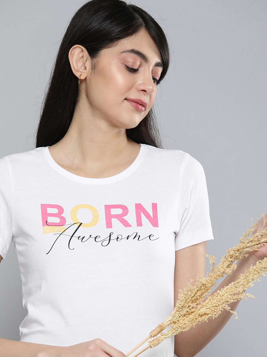 

HERE&NOW Women White & Pink Printed Pure Cotton T-shirt