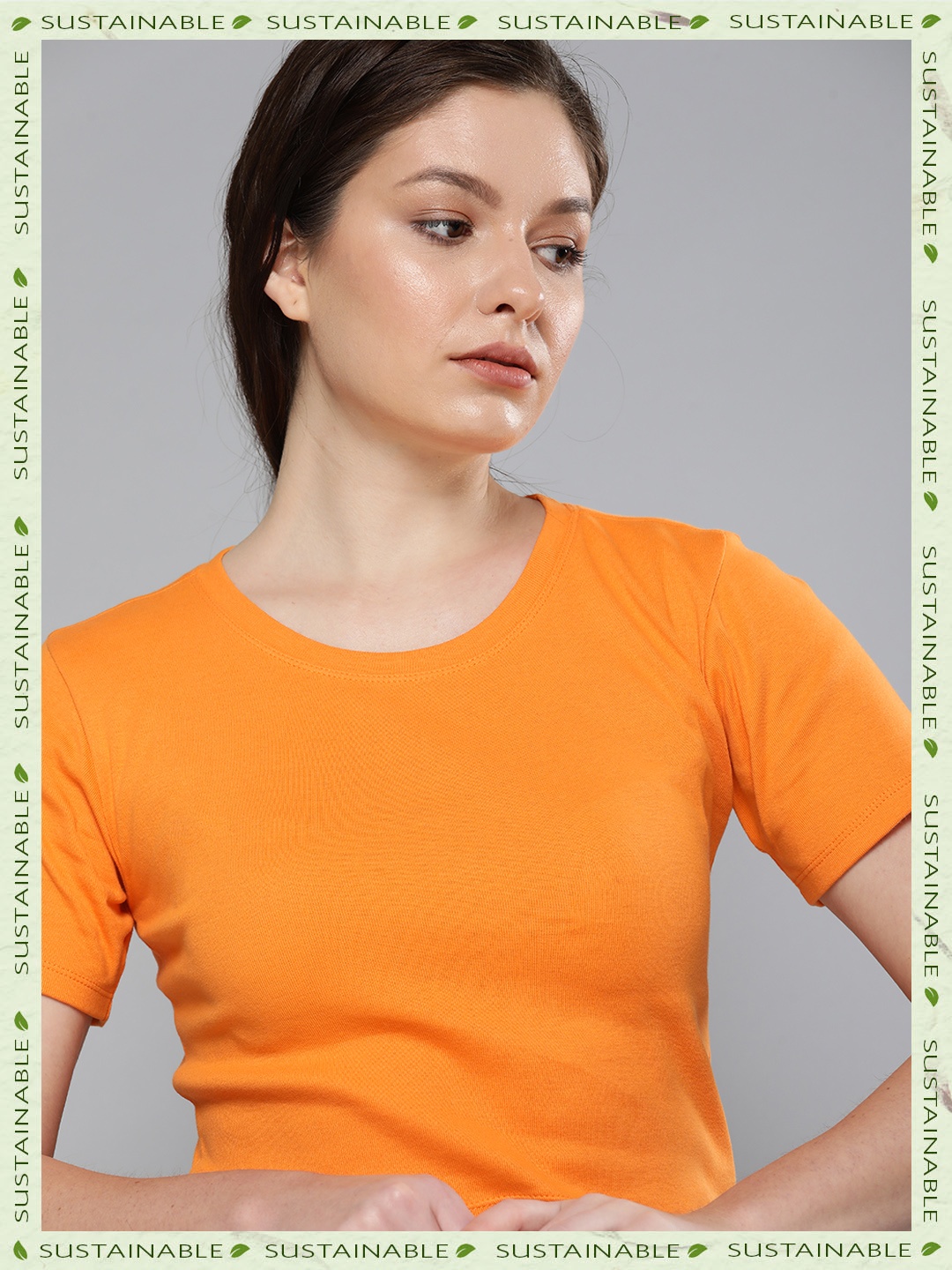 

HERE&NOW Women Mustard Yellow Solid Pure Cotton T-shirt