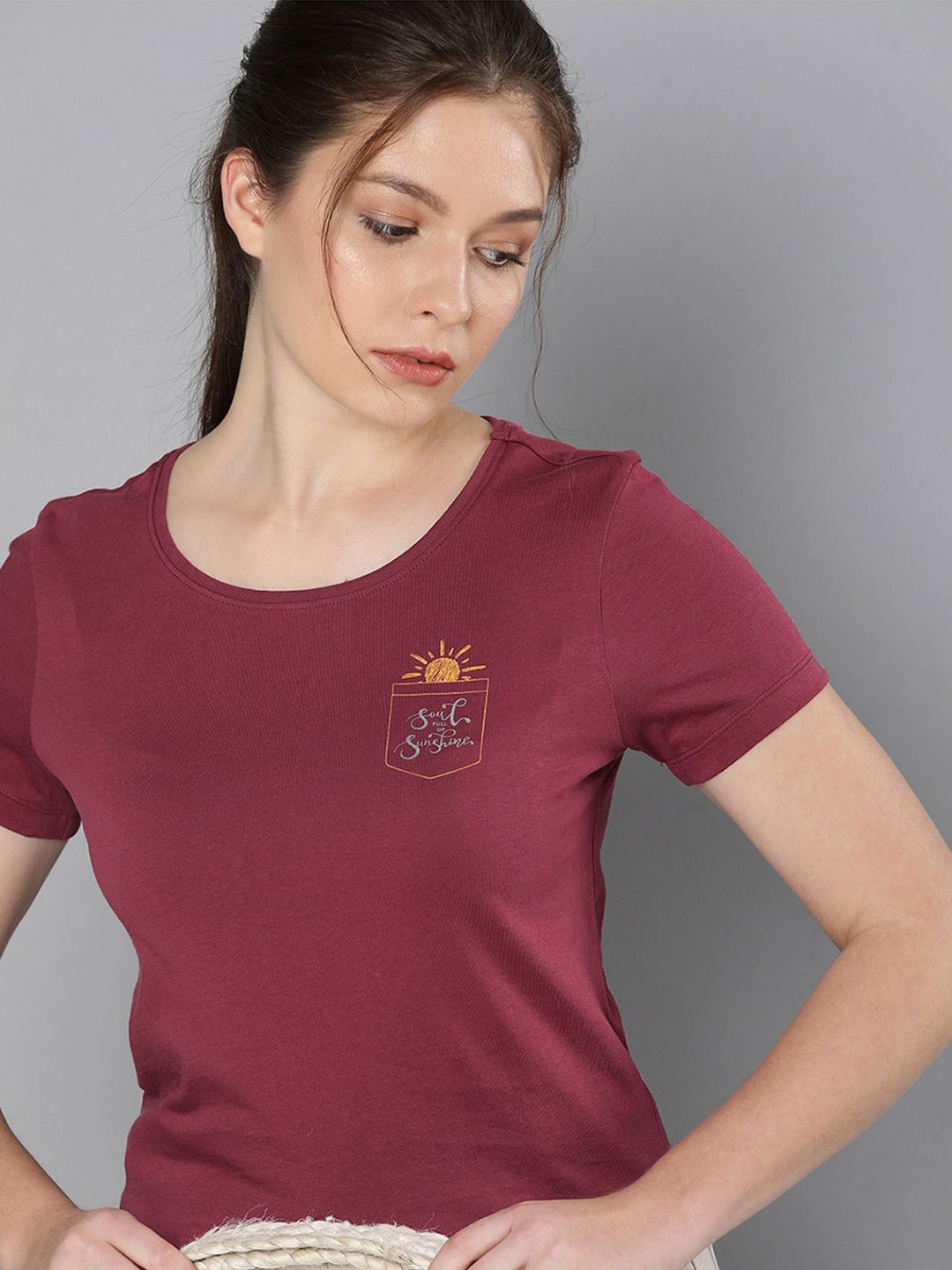

HERE&NOW Women Burgundy Solid Pure Cotton T-shirt
