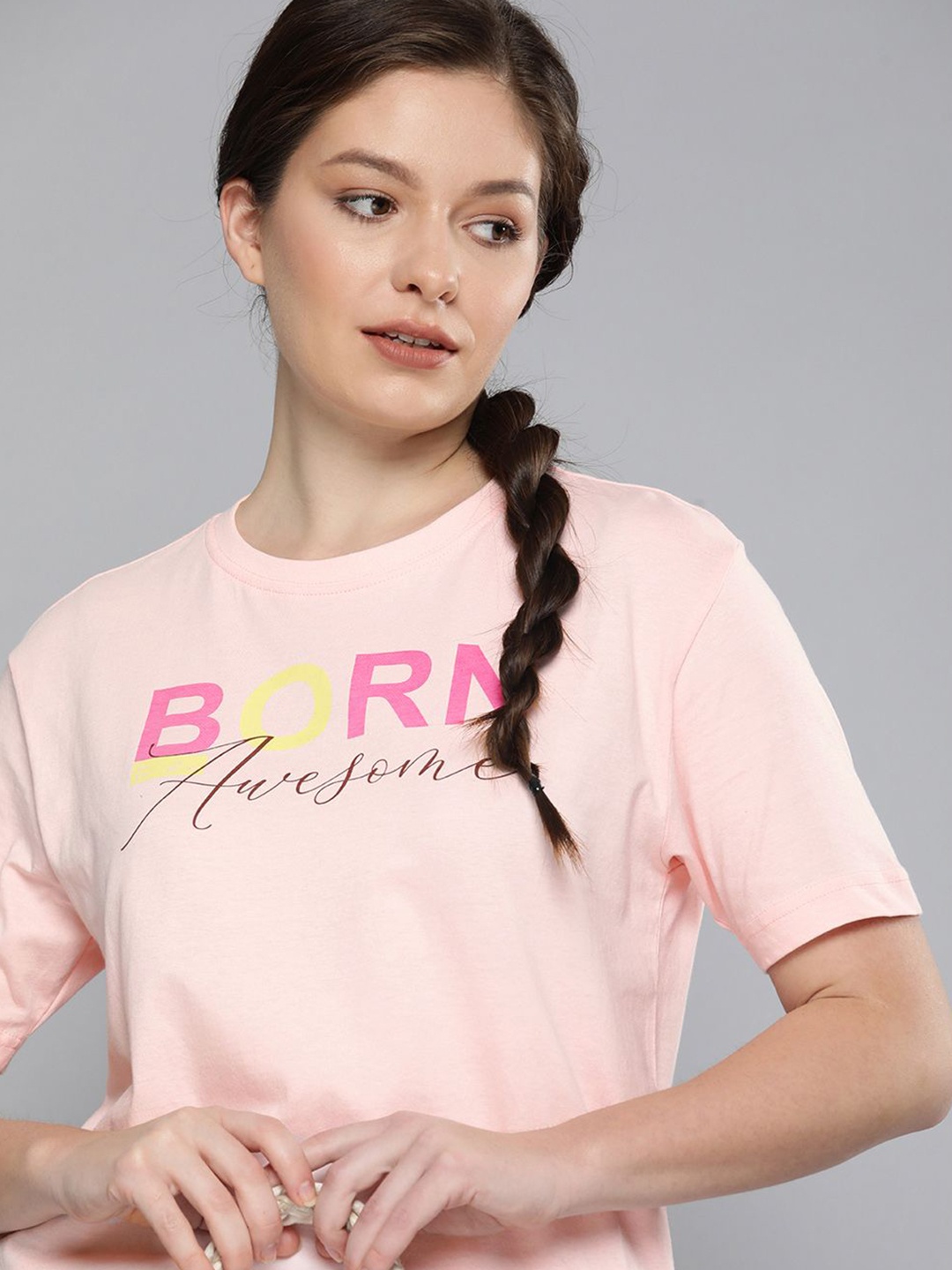 

HERE&NOW Women Pink Typography Printed Pure Cotton T-shirt
