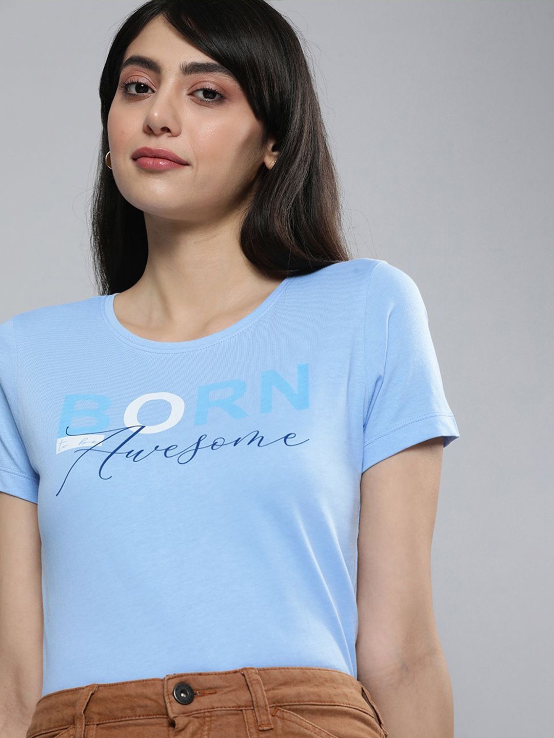 

HERE&NOW Women Blue Printed Pure Cotton T-shirt