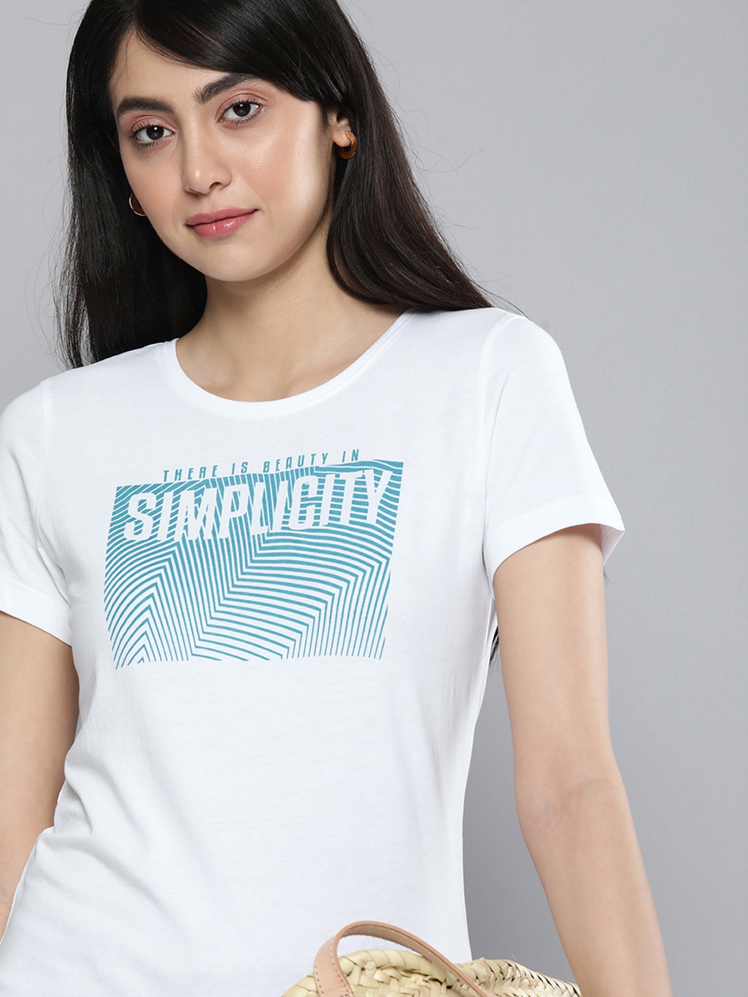 

HERE&NOW Women White & Blue Printed Pure Cotton T-shirt
