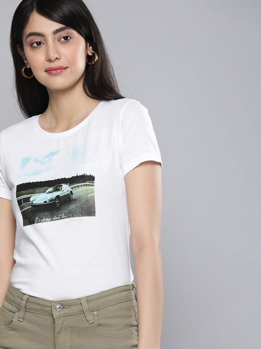 

HERE&NOW Women White Printed Pure Cotton T-shirt