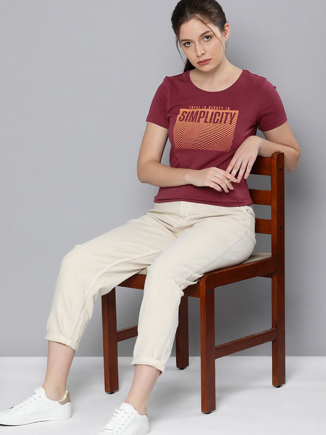 

HERE&NOW Women Burgundy & Orange Printed Pure Cotton T-shirt