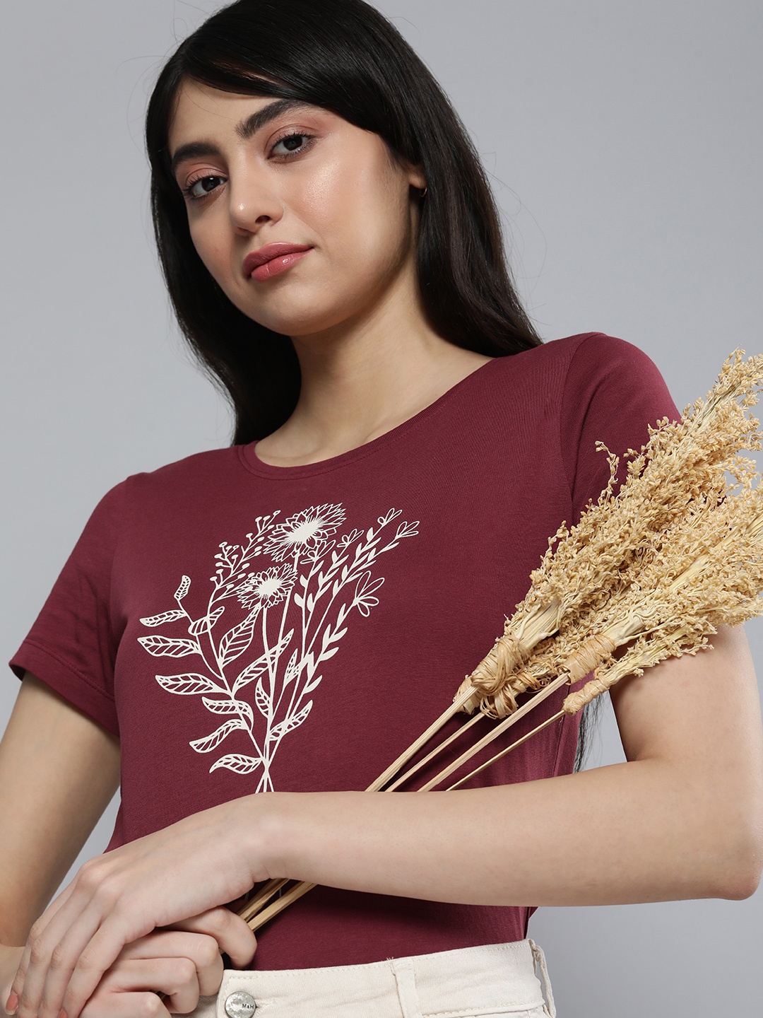

HERE&NOW Women Burgundy & White Floral Printed Pure Cotton T-shirt