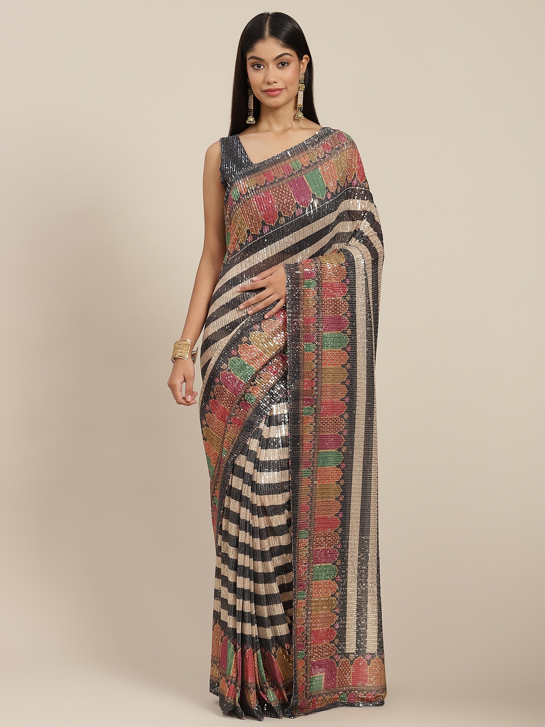 

Mitera Black & Beige Striped Sequinned Leheriya Saree