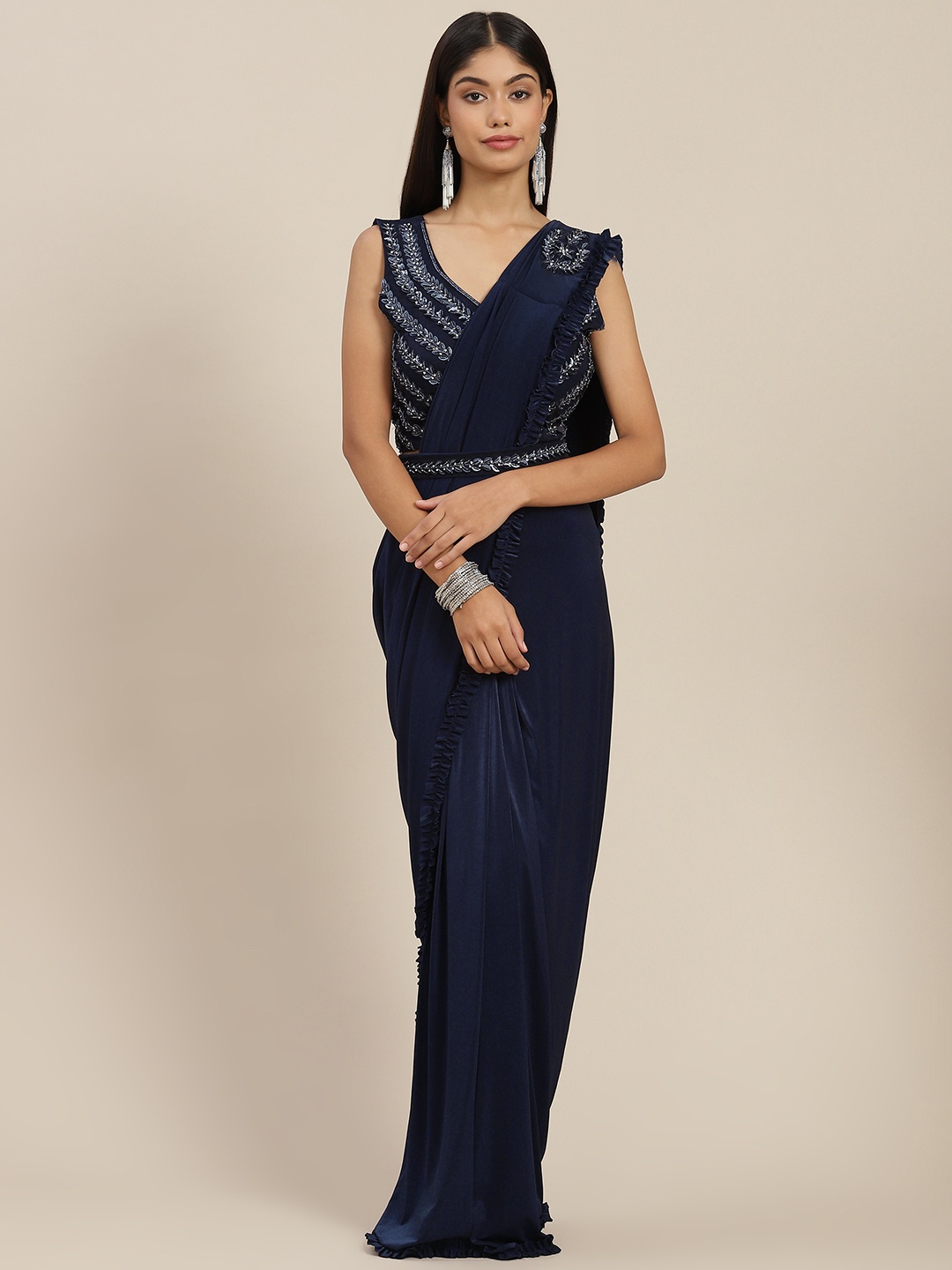 

Mitera Navy Blue Ready to Wear Leheriya Saree