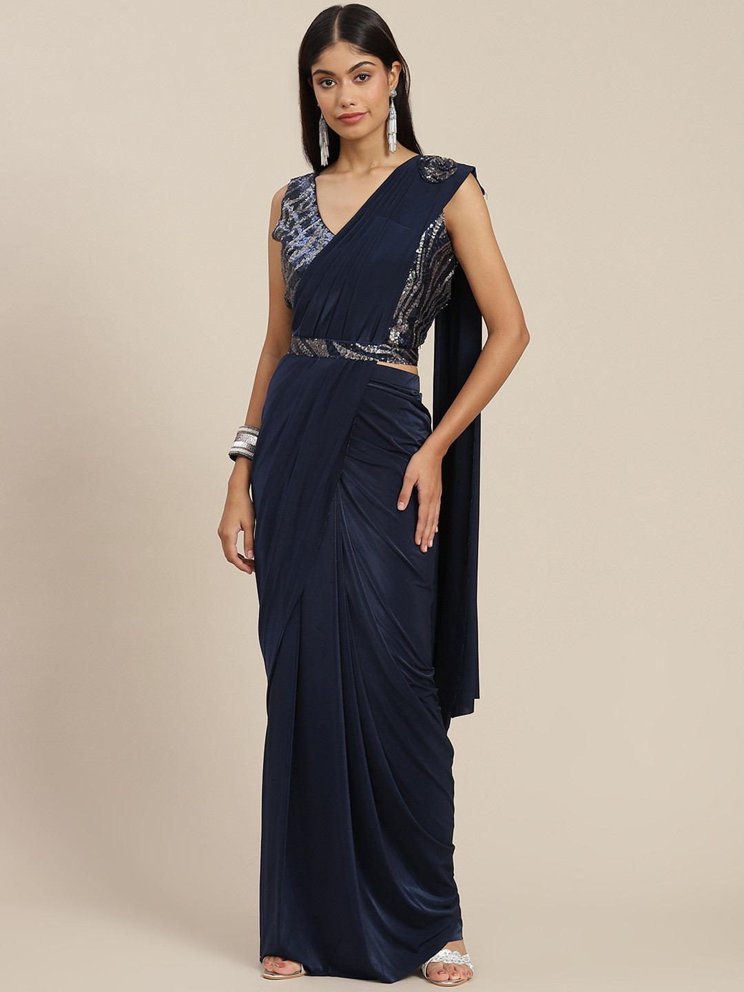 

Mitera Navy Blue Ready to Wear Leheriya Saree