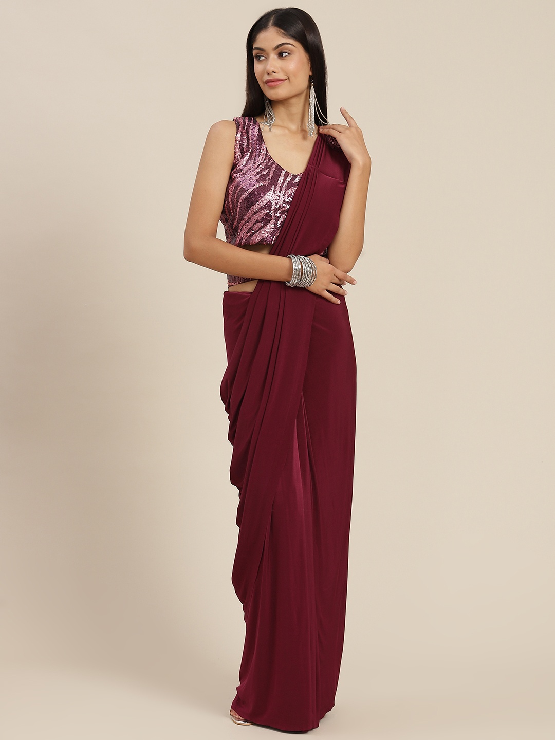 

Mitera Maroon Ready to Wear Leheriya Saree