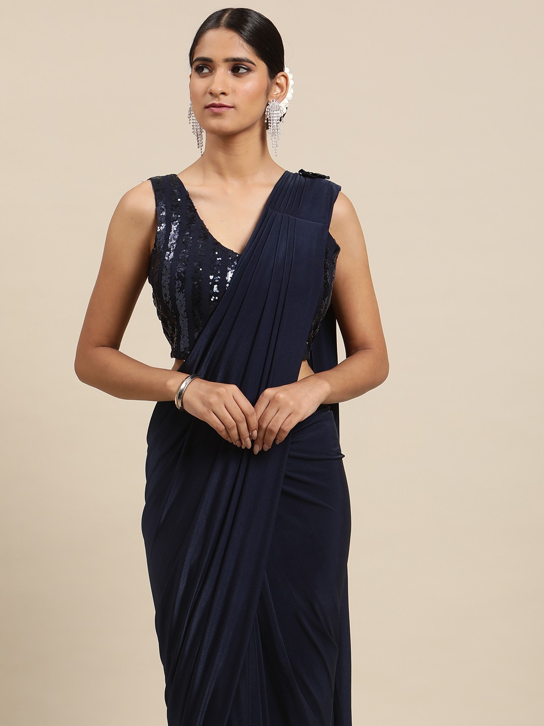 

Mitera Navy Blue Sequinned Ready to Wear Leheriya Saree