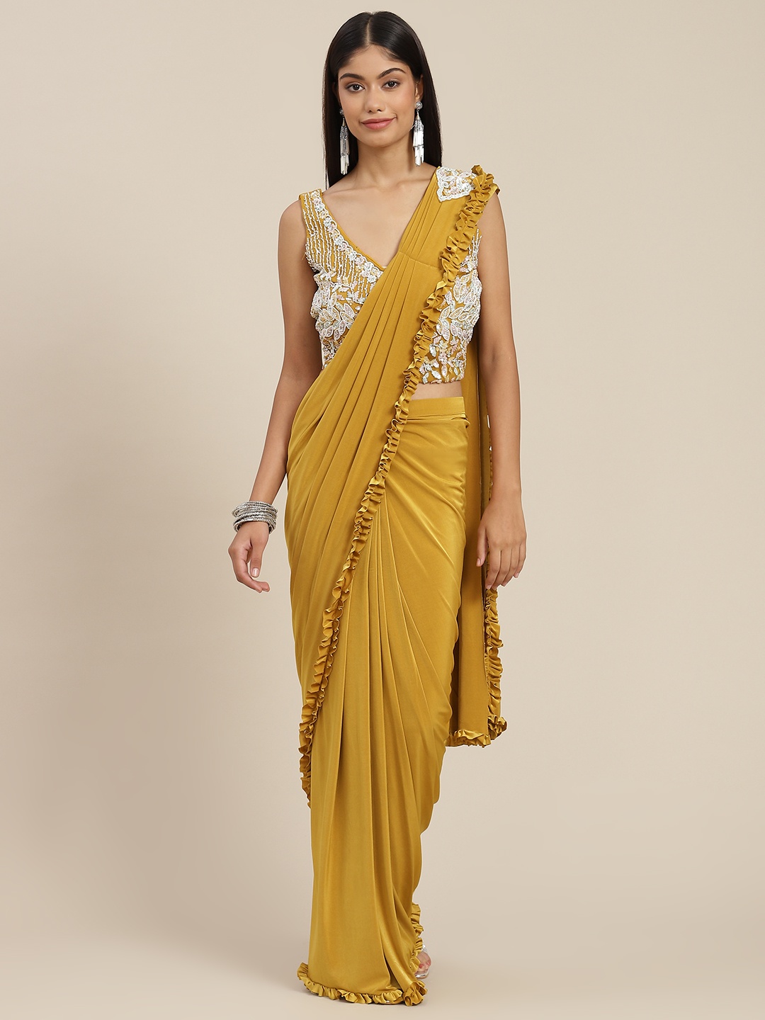 

Mitera Mustard Ready to Wear Leheriya Saree