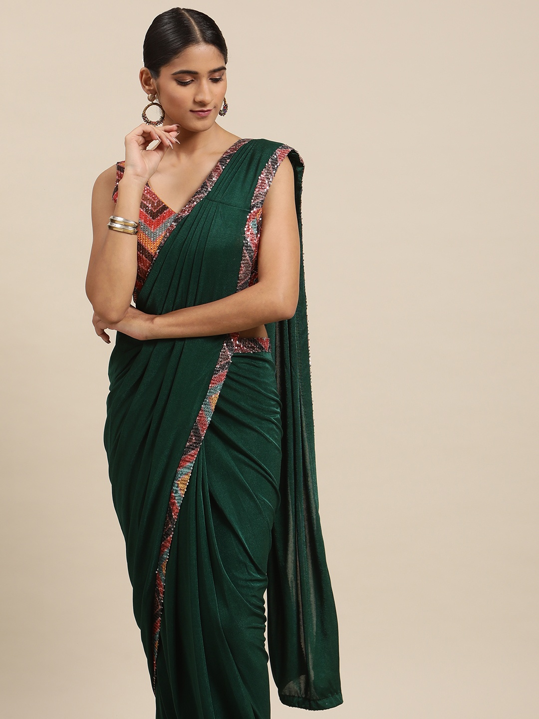 

Mitera Green Sequinned Ready to Wear Leheriya Saree