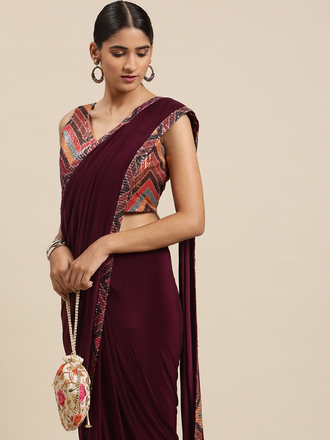 

Mitera Maroon Sequinned Ready to Wear Leheriya Saree