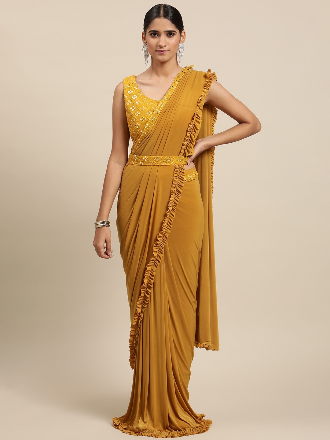 

Mitera Mustard Yellow Mirror Work Ready to Wear Leheriya Saree