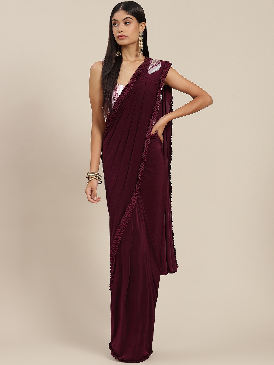 

Mitera Maroon Ready to Wear Leheriya Saree