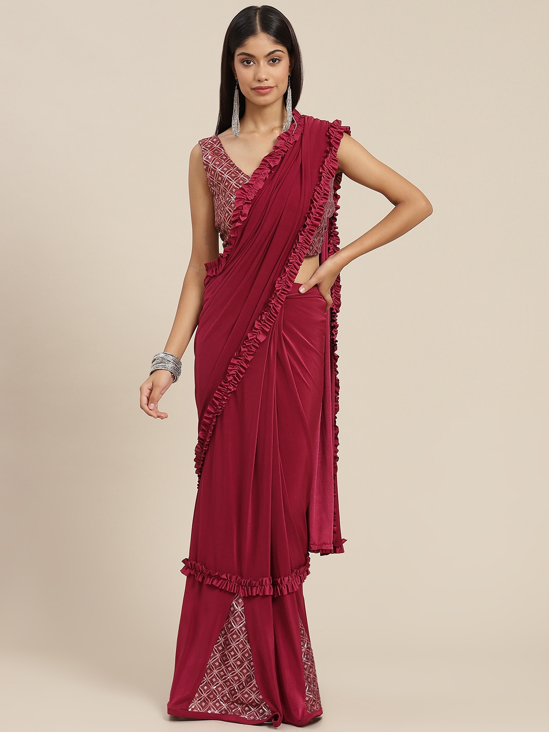 

Mitera Maroon Ready to Wear Leheriya Saree