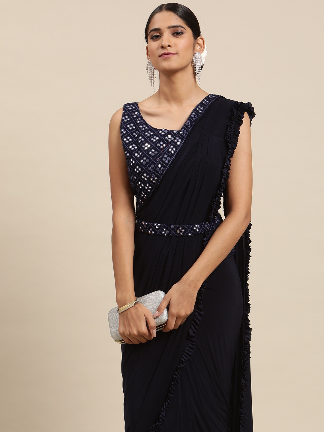 

Mitera Navy Blue Solid Mirror Work Ready to Wear Saree