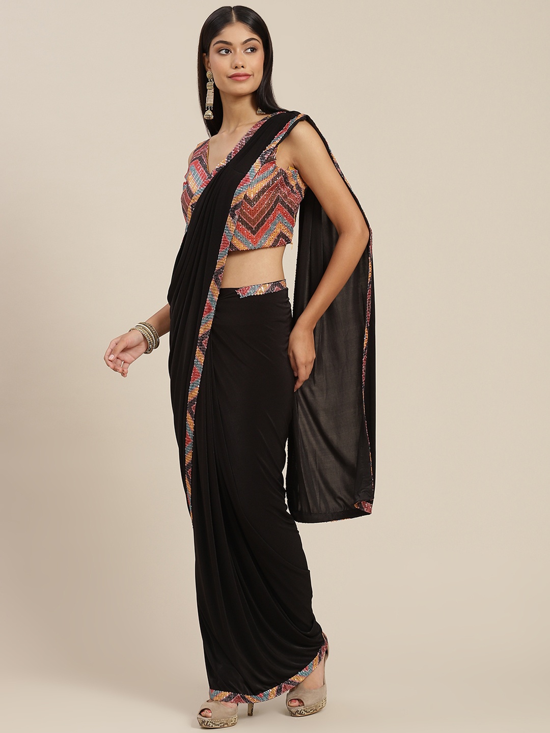 

Mitera Black Sequinned Ready to Wear Leheriya Saree