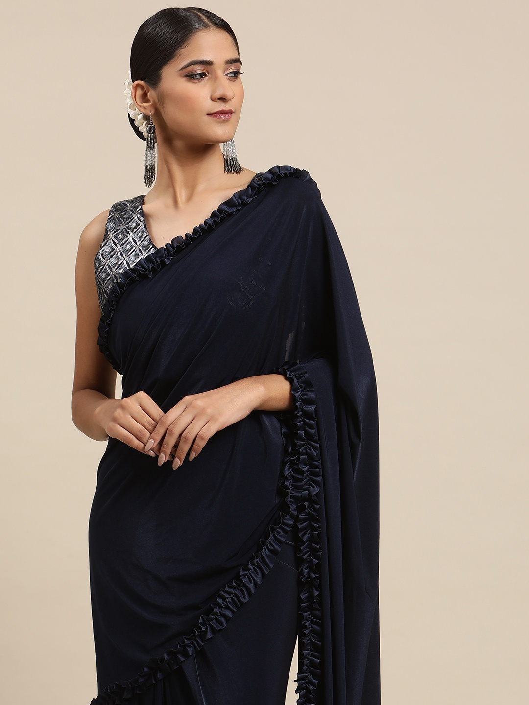 

Mitera Blue Sequinned Ready to Wear Leheriya Saree