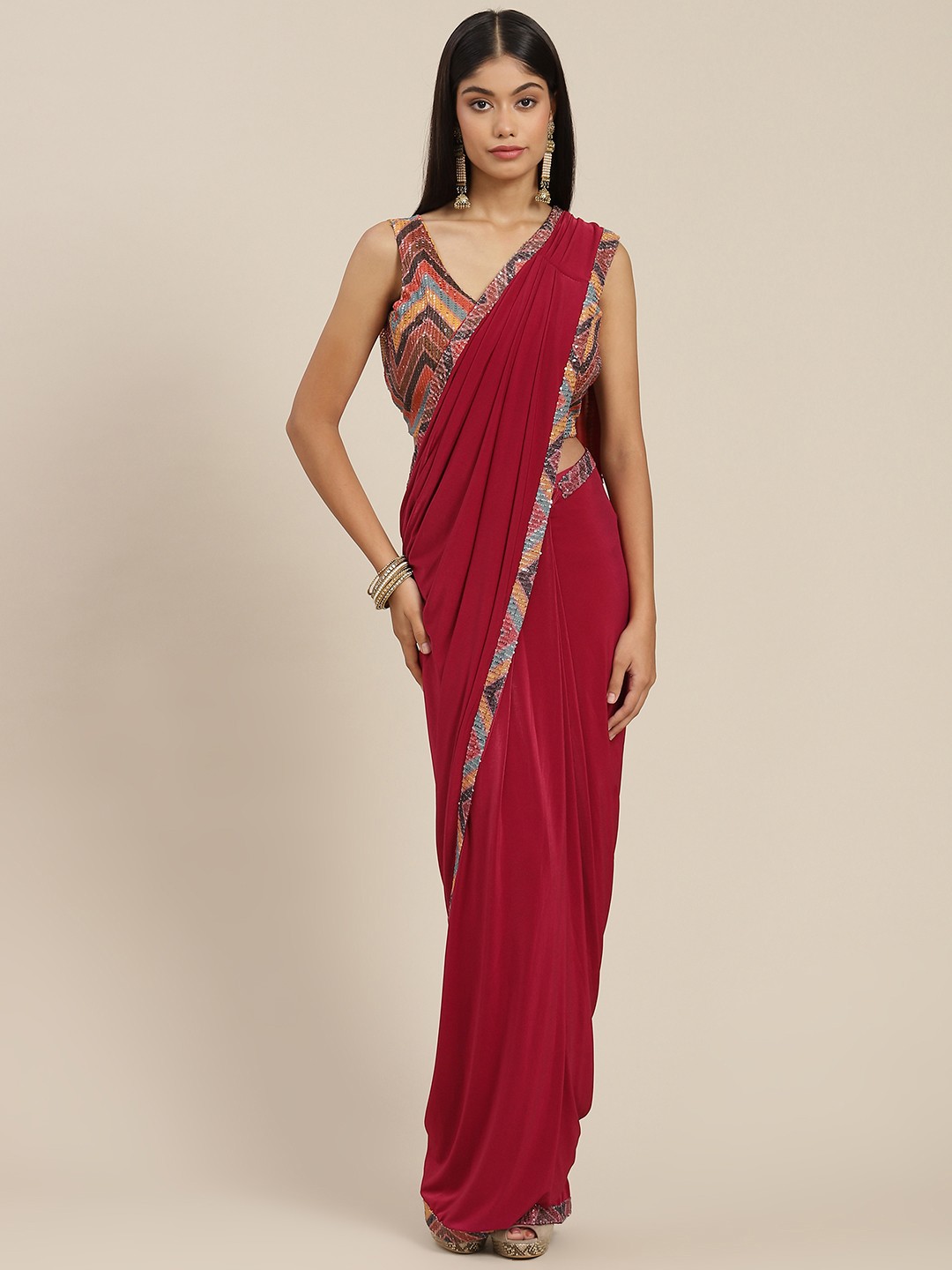

Mitera Red Sequinned Ready to Wear Leheriya Saree