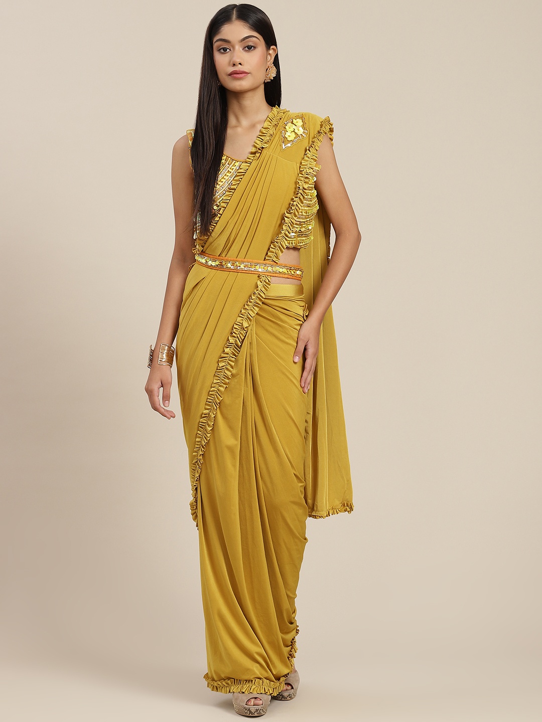 

Mitera Mustard Ready to Wear Leheriya Saree