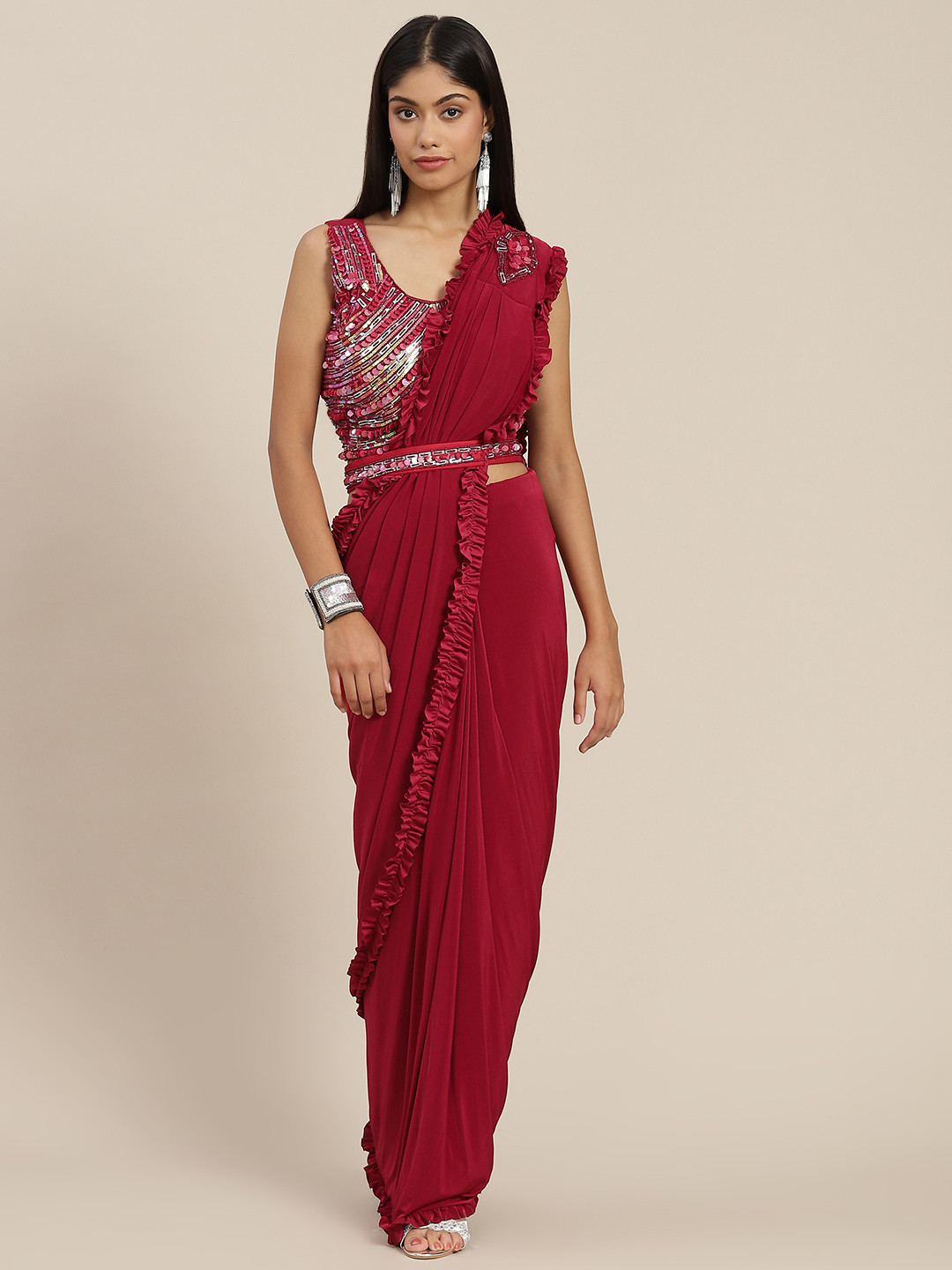 

Mitera Maroon Ready to Wear Leheriya Saree