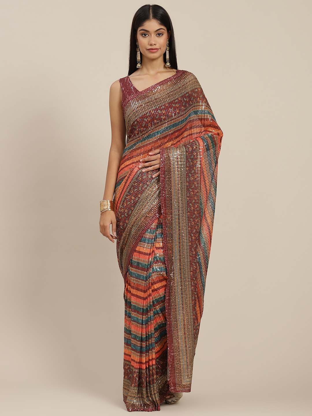 

Mitera Multicoloured Striped Sequinned Ready to Wear Leheriya Saree, Multi