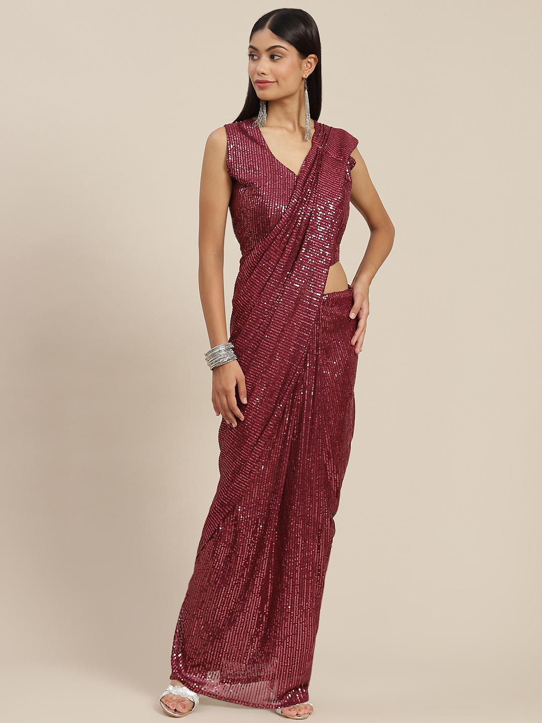 

Mitera Maroon Embellished Sequinned Ready to Wear Leheriya Saree