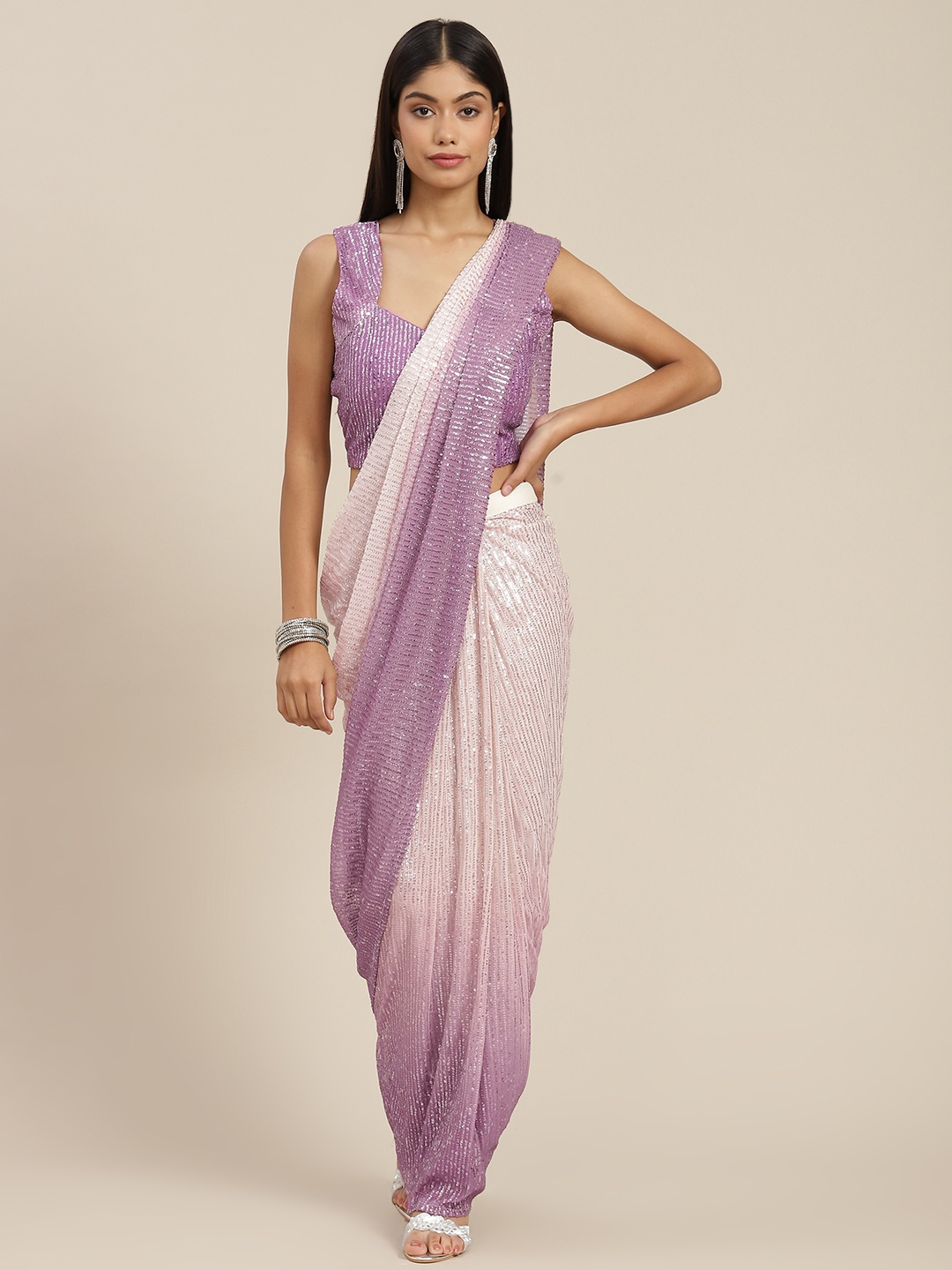 

Mitera Purple Ombre Sequinned Ready to Wear Leheriya Saree