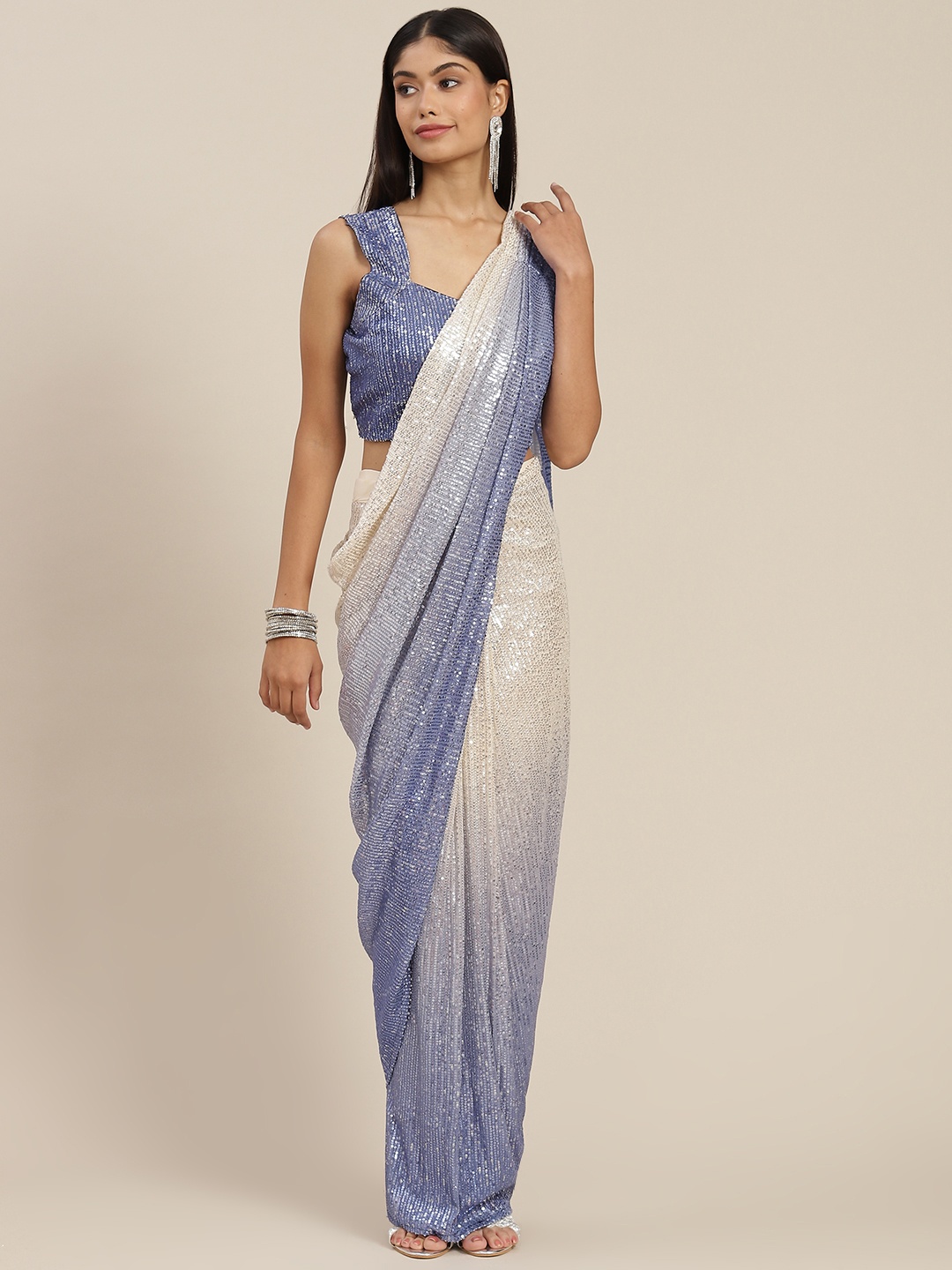 

Mitera Blue & Beige Ombre Sequinned Ready to Wear Leheriya Saree