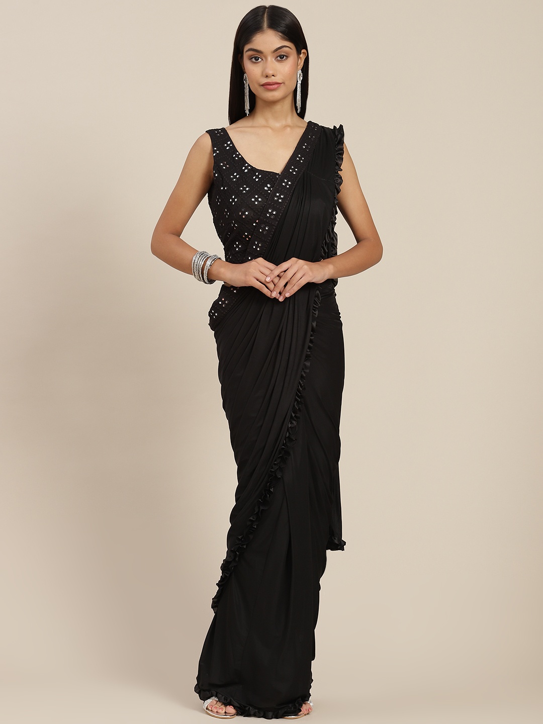

Mitera Black Ready to Wear Leheriya Saree