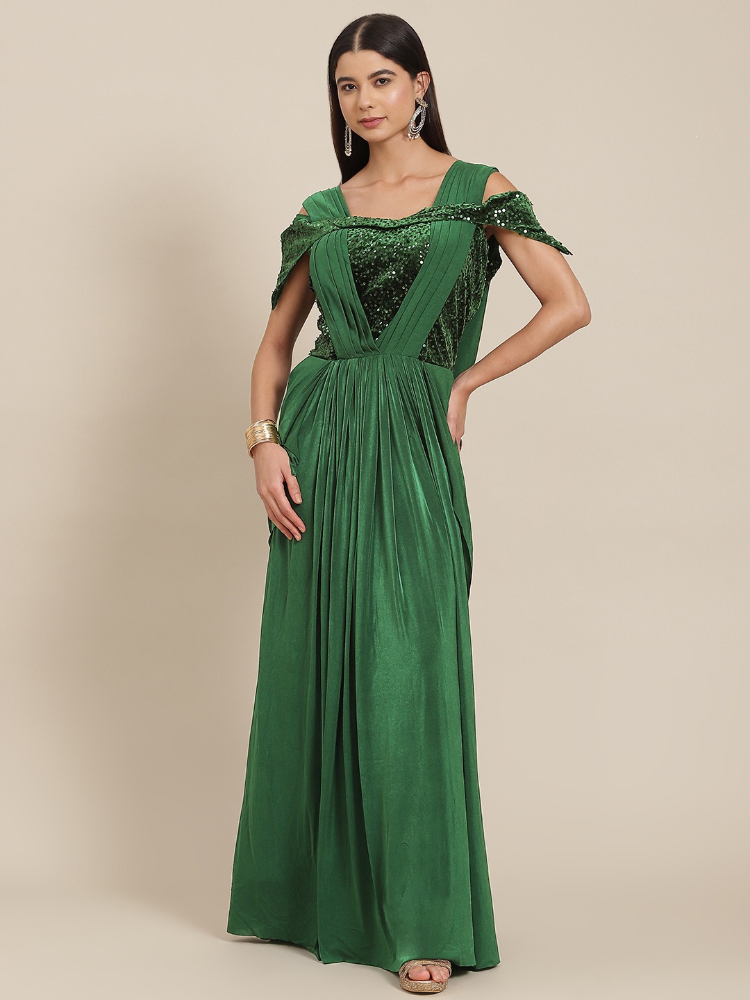 

Mitera Green Sequinned Maxi Ethnic Fit & Flare Dress with Draped Criss-Cross