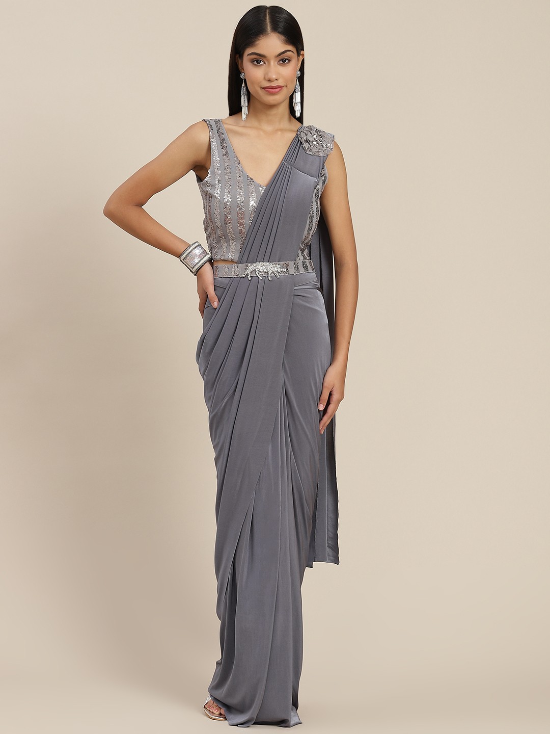 

Mitera Grey Ready to Wear Leheriya Saree