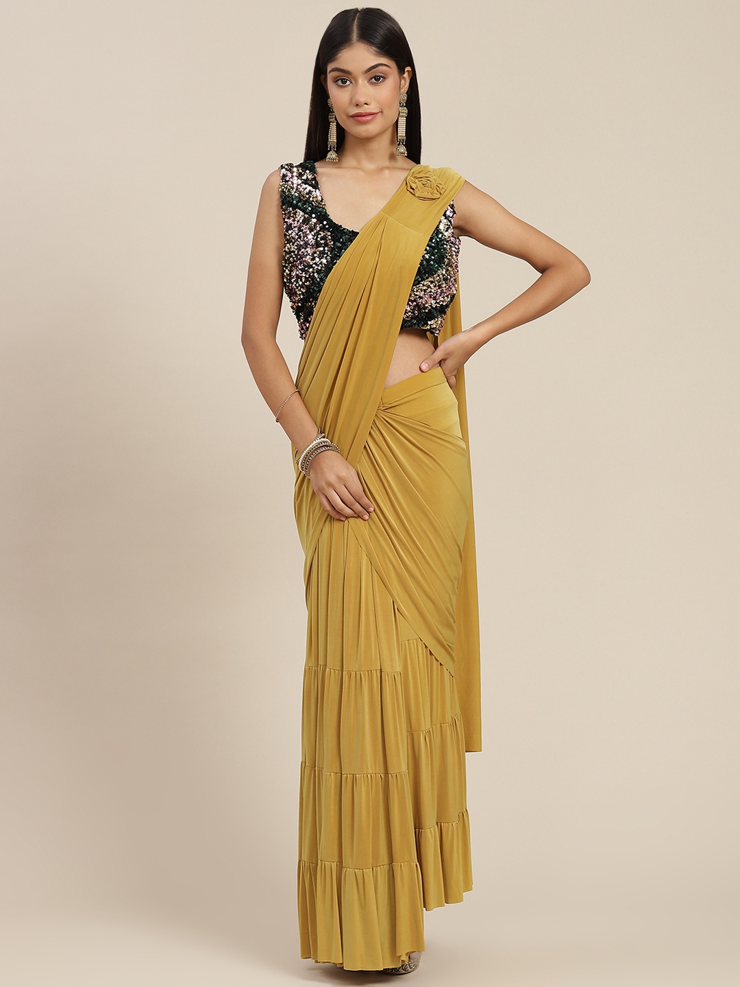 

Mitera Mustard Sequinned Ready to Wear Leheriya Saree