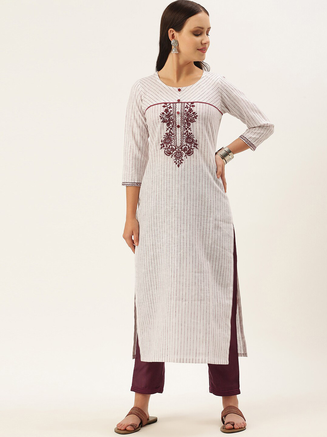 

VAABA Women Striped Thread Work Kurta with Trousers, White