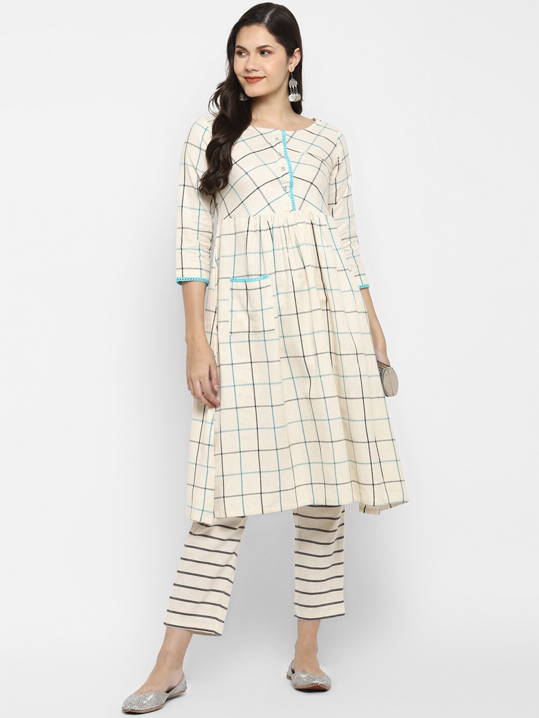 

VAABA Women Printed Pleated Kurta with Trousers, Cream